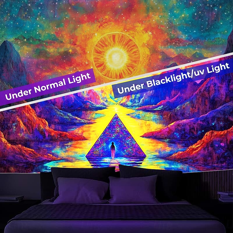 Blacklight Tapestry Glow in the Dark Glow Party UV Reactive Trippy Mountain Misty Nature Landscape Hanging Tapestry Wall Art Mural for Living Room Bedroom3