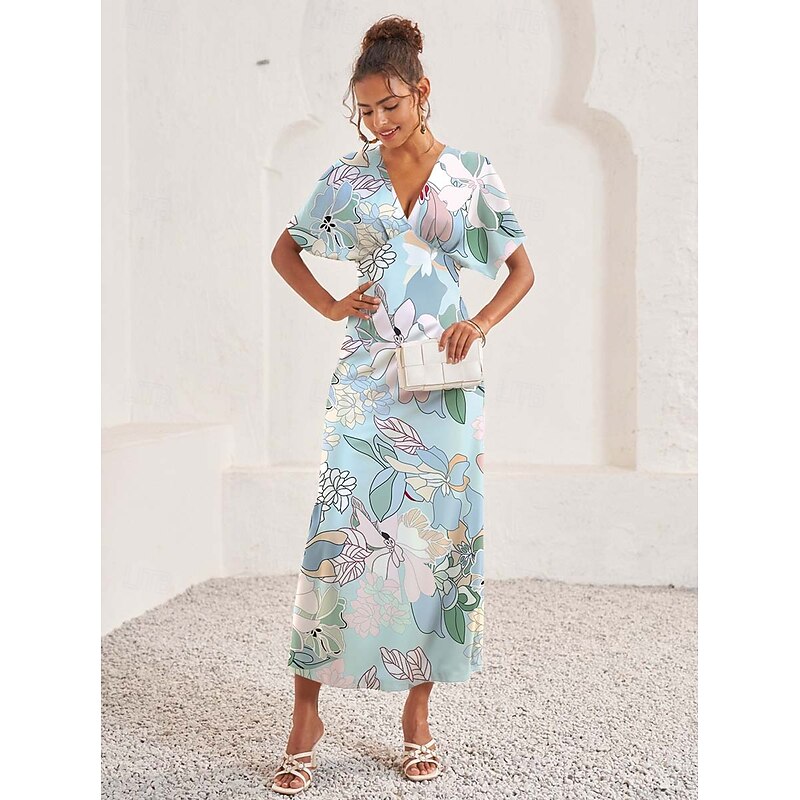 Women's Midi Dress A Line Dress Elegant Vintage Stylish Vacation Wedding Guest Engagement Regular Fit Graphic Vintage Short Sleeve V Neck Blue Summer
