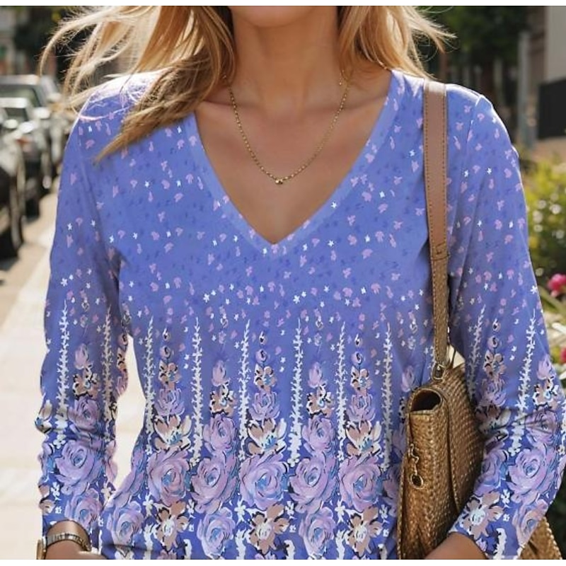 Women's T Shirt V Neck Long Sleeve Tunic Fashion Modern Casual Regular Tops Daily Weekend Print White Royal Blue Blue Green Khaki Fall Winter2