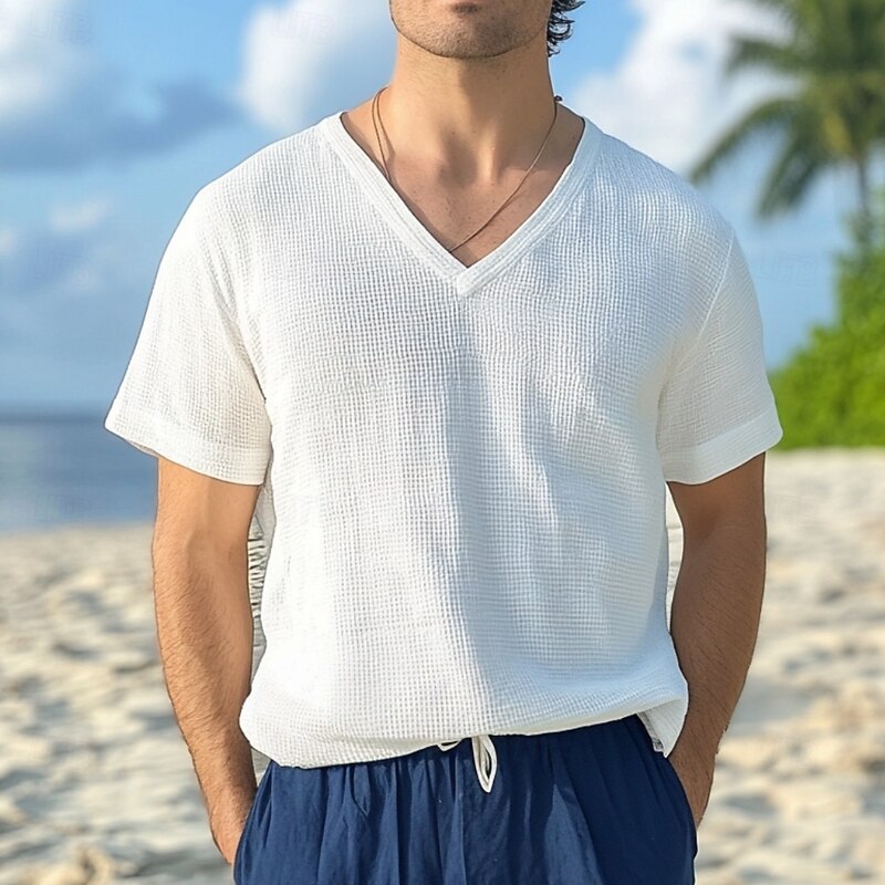Men's Waffle Henley Shirt Tee Top Short Sleeve V Neck Summer Solid Color Fashion Designer Comfortable V Neck Outdoor Casual Daily White Top Tee for Men
