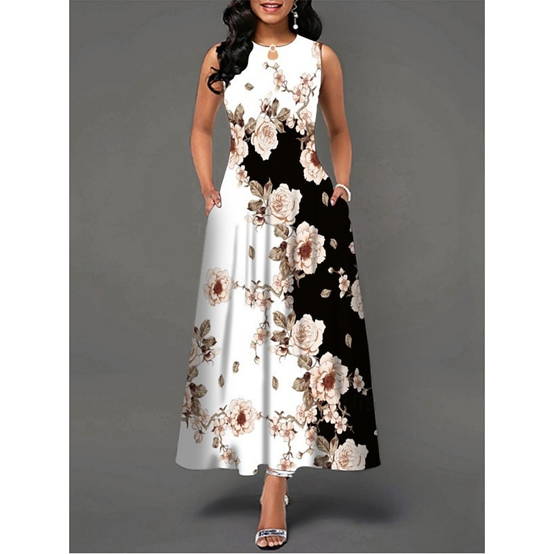 Women's Maxi Dress Casual Dress A Line Dress Tank Dress Stylish Casual Vacation Daily Regular Fit Floral Sleeveless Crew Neck Black White Yellow Blue Summer4