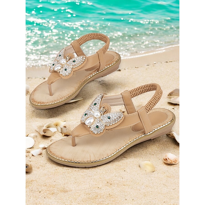 Women's Butterfly Rhinestone Flat Sandals – Elegant Beach Flip-Flops with Pearl Embellishment for Summer & Vacation