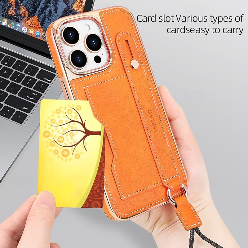Phone Case For iPhone 16 15 14 Pro Max Plus 13 12 Pro Max Back Cover with Stand Holder with Lanyard with Wrist Strap Retro TPU Plating3