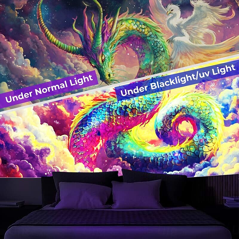 Blacklight Tapestry Glow in the Dark Glow Party UV Reactive Dragon Phenix Trippy Misty Galaxy Nature Landscape Hanging Tapestry Wall Art Mural for Living Room Bedroom3