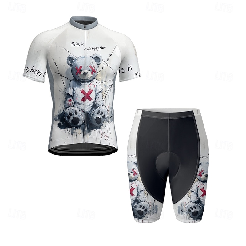 Men's Cycling Jersey with Shorts Cartoon Short Sleeve Bike Clothing Suit with 3 Rear Pockets Mountain Bike MTB Road Bike Cycling Front Zipper Sweat wicking Comfortable Breathable Sports White