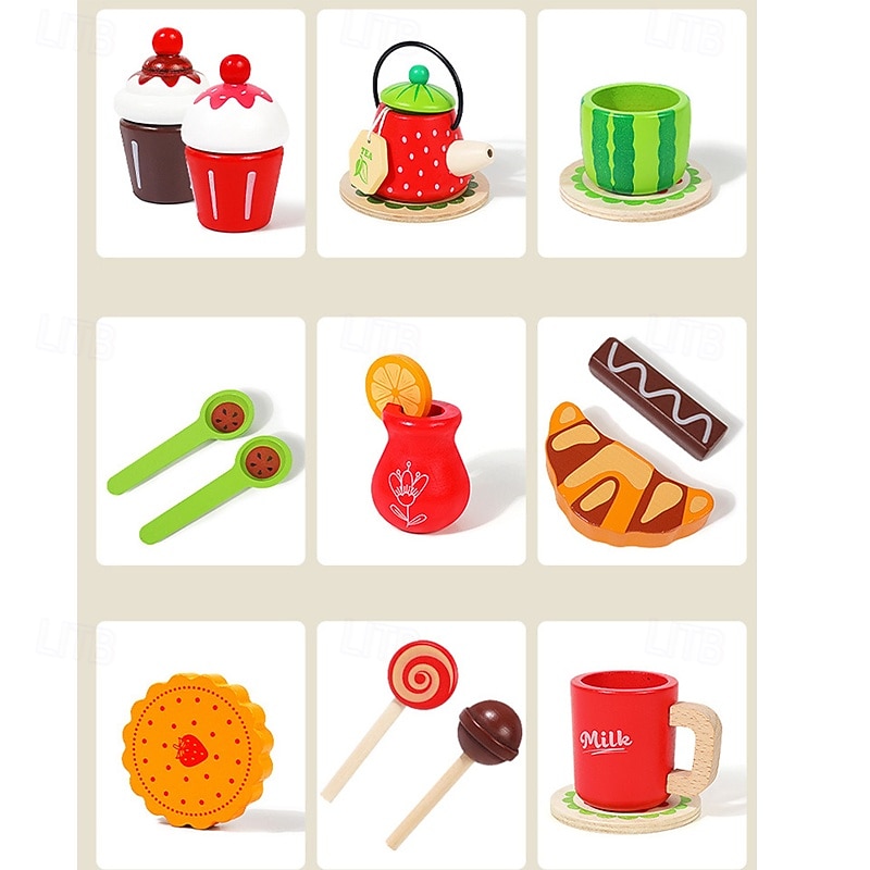 Wooden Kid's Afternoon Tea Dessert Simulation Tea Set Suitcase Toddler Role-playing Educational Toys4