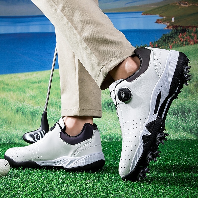 Men's White Golf Shoes with BOA Lacing System, Spiked Sole, Breathable Upper for Comfort and Stability on the Golf Course
