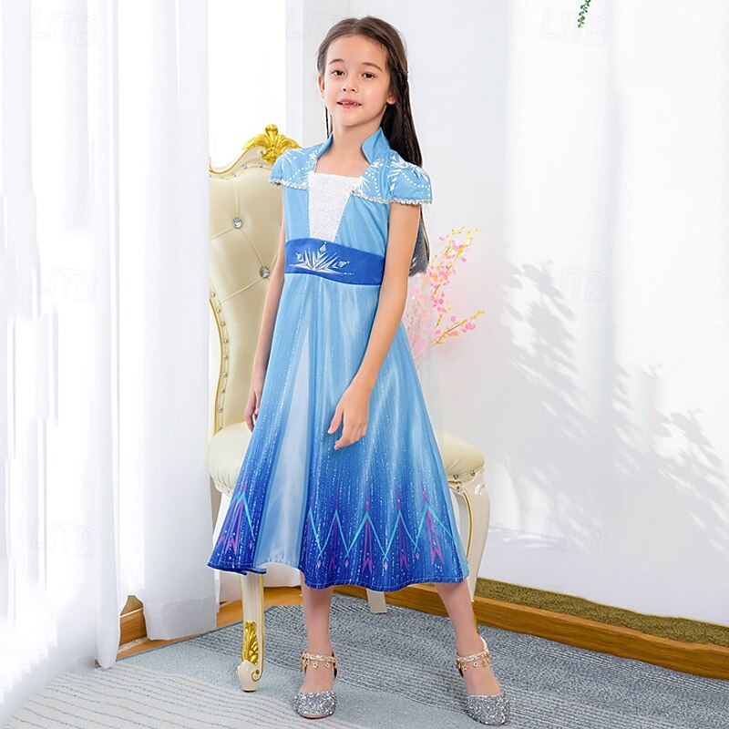 Kids Girls' Dress Graphic Short Sleeve Performance Party Sequins Patchwork Adorable Costume Polyester Midi Casual Dress A Line Dress Spring Fall 4 years+ Blue2