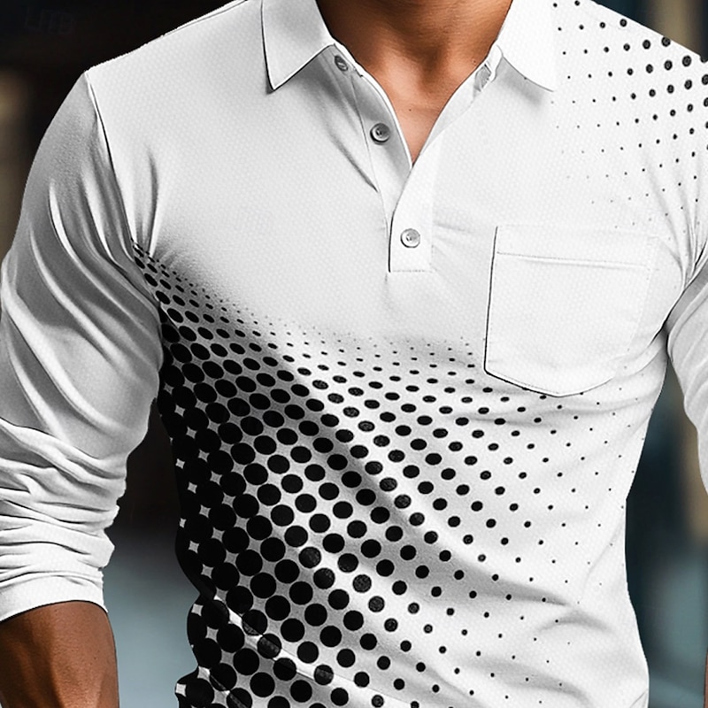 Men's Geometric Polo Long Sleeve Polo Shirts Collared Shirts Business Casual Business Athleisure Daily Wear Buttons 3D Print Spring Fall Winter White Blue Brown4