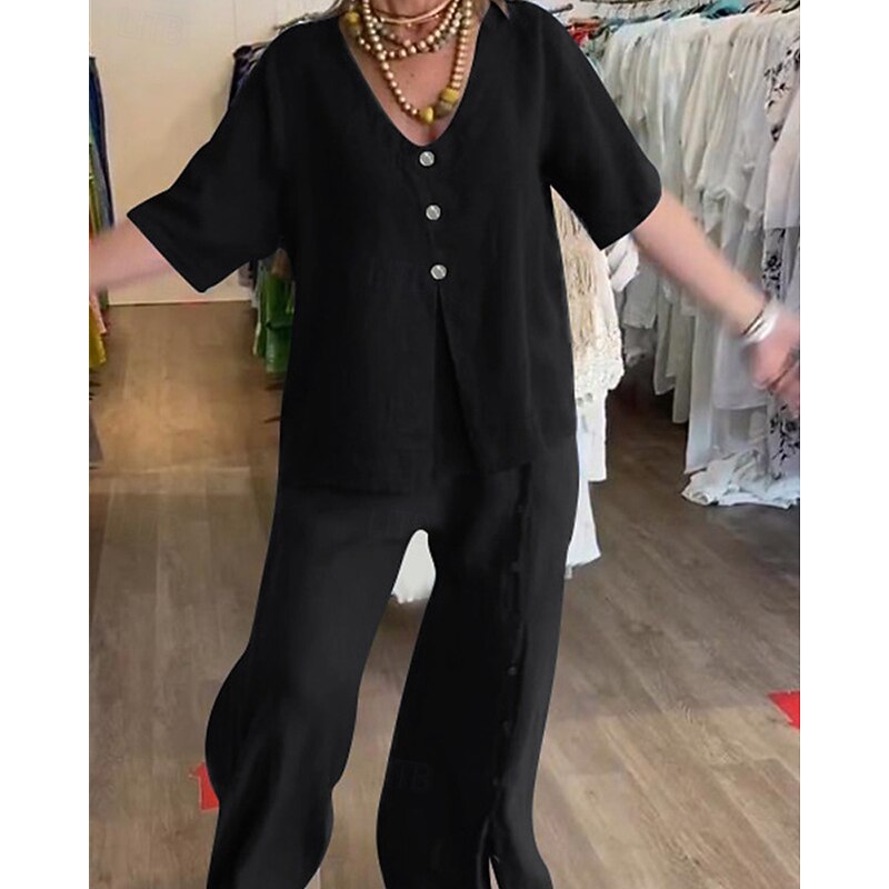 Women's Fashion Streetwear Shirt Cotton Linen Sets Two Piece Sets Linen Pants Pants Trousers Short Sleeve V Neck Solid Color Drawstring Daily Wear Date Black White Blue Summer Regular Fit2