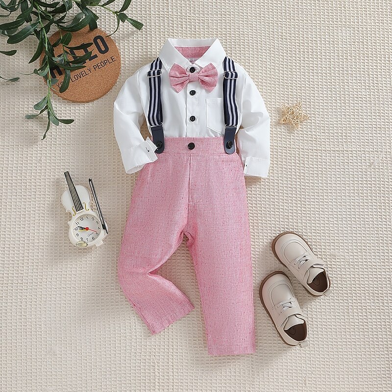 3 Pieces Ring Bearer Suit Boys Kids Toddler Shirt & Pants School Formal Party Fashion Basic Casual Solid Color V Neck Pink Green Cotton4