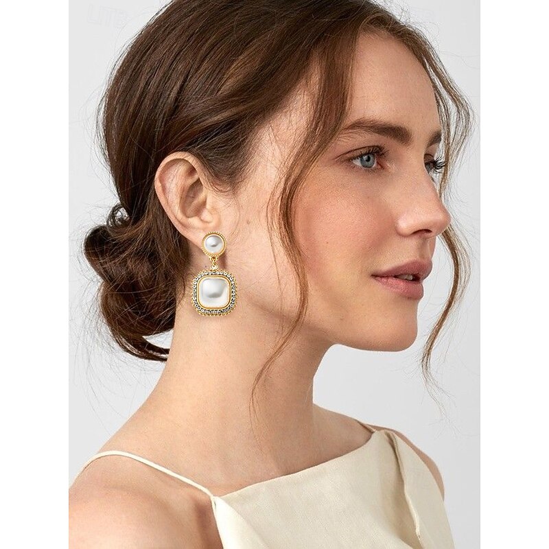Elegant Gold-Plated Pearl Earrings with Rhinestone Detailing – Square and Round Design for Women – Perfect for Weddings and Formal Occasions2