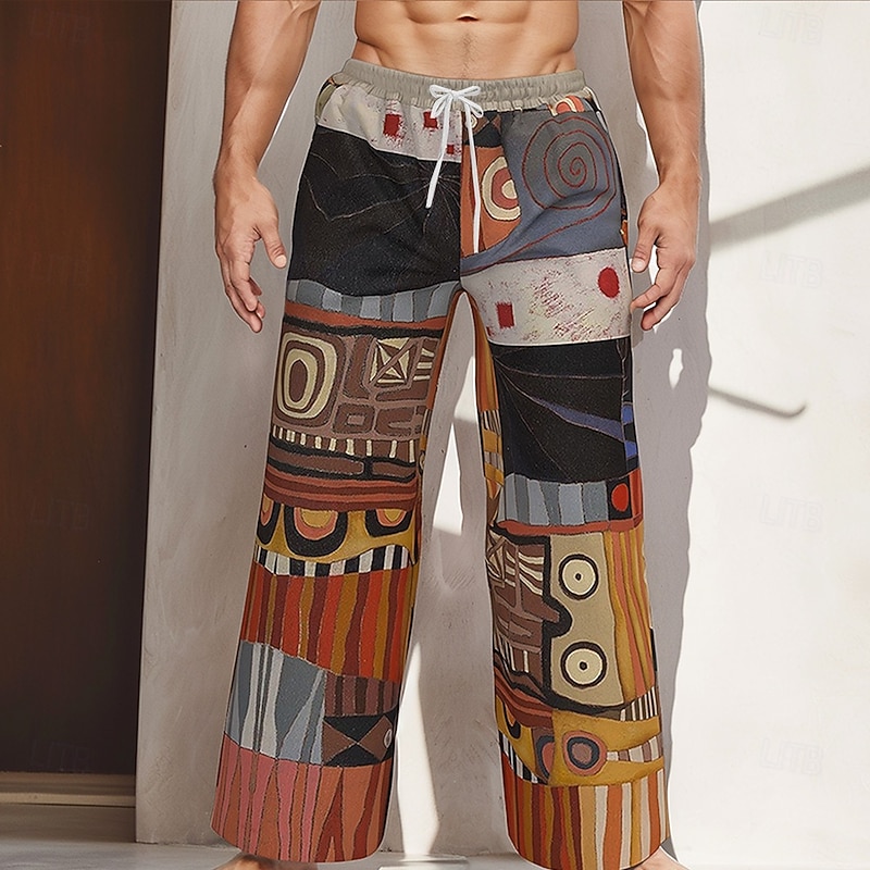 Men's Abstract Geometic Ethnic Trousers Baggy Pants Casual Pants Mid Waist Vintage Retro Outdoor Holiday Drawstring Elastic Waist Wide Leg Summer Spring 3D Print Gray