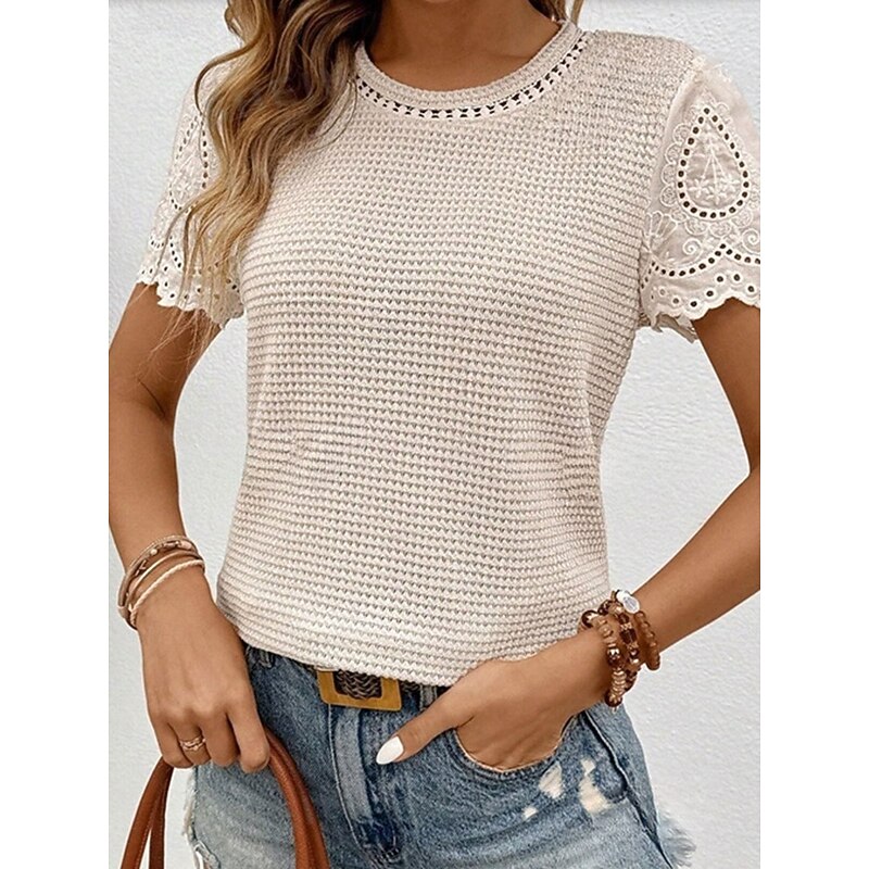 Women's T Shirt Plain Fashion Modern Casual Short Sleeve Crew Neck Regular Tops Daily Weekend Patchwork White Summer Spring2