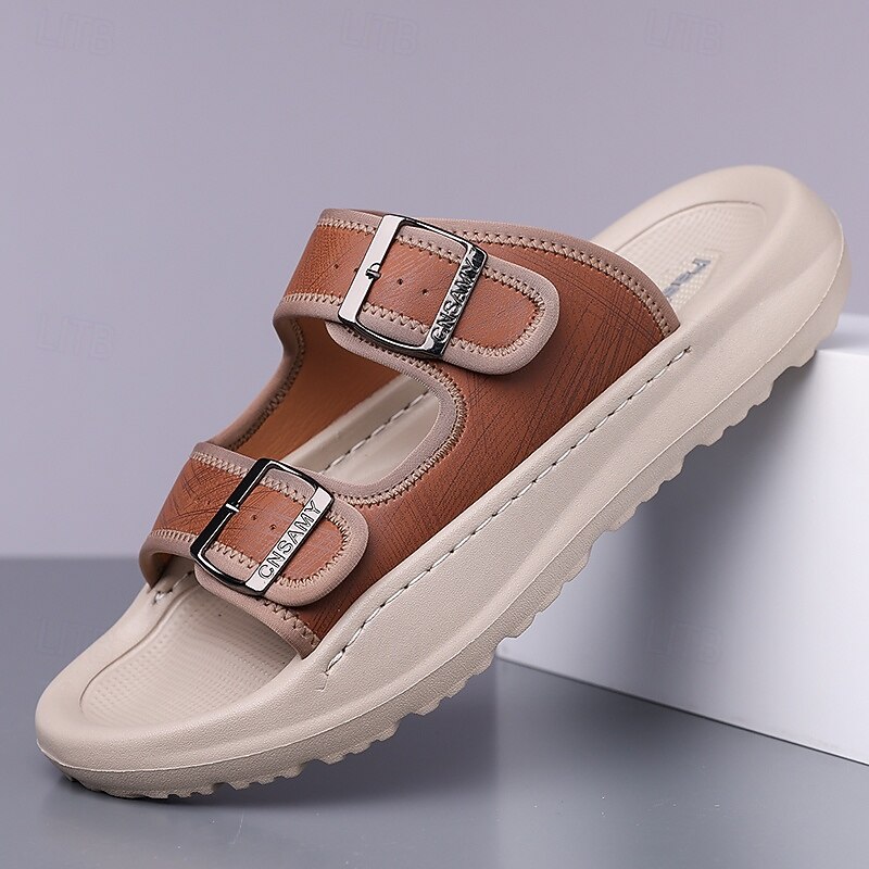 Men's Brown Two-Buckle Faux Leather Sandals with Comfortable Footbed and Durable Sole – Adjustable Slip-On Summer Shoes for Casual and Outdoor Wear