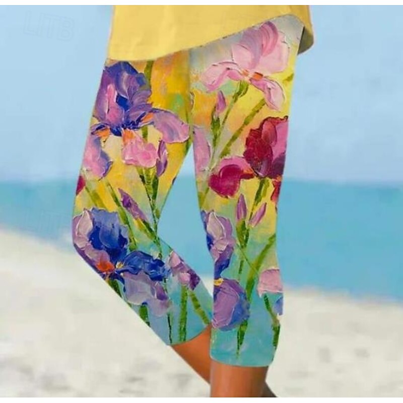 Women's Leggings Capri Pants High Elasticity Vacation Fashion Hawaiian Ankle-Length Mid Waist Floral Printing Thermal Warm Breathable Soft  Vacation Casual Daily Light Yellow Summer Spring2