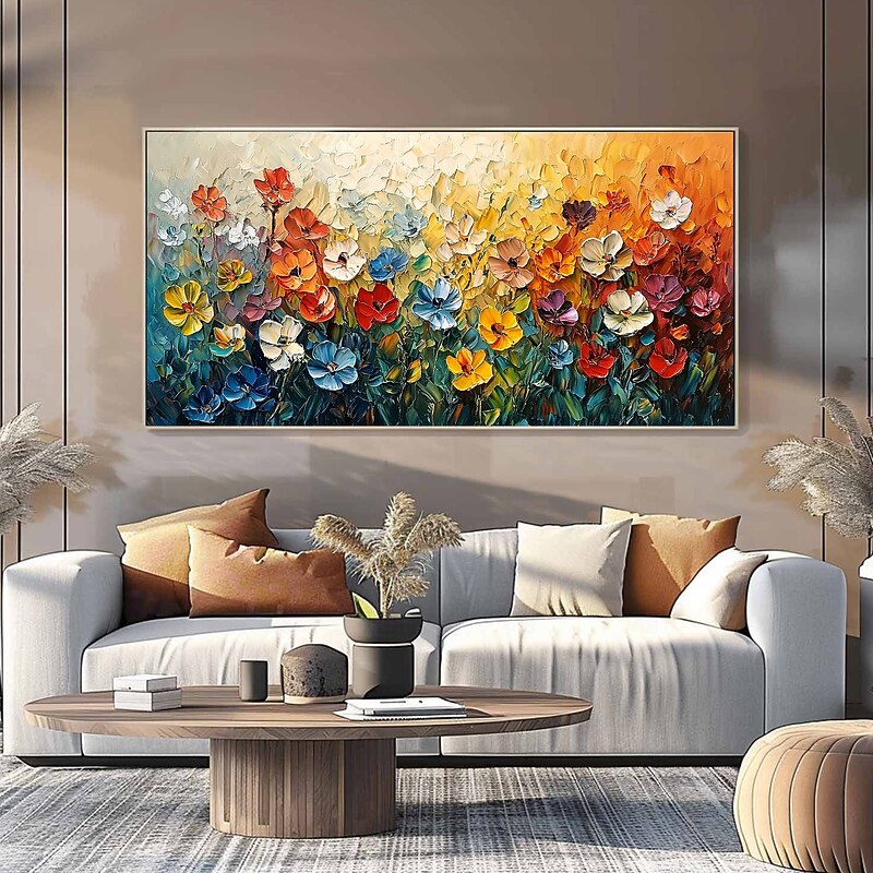 Handmade Original Colorful Flowers Painting Oil Painting On Canvas Abstract Floral Wall Art for Home Decor With Stretched Frame/Without Inner Frame Painting - Main Image