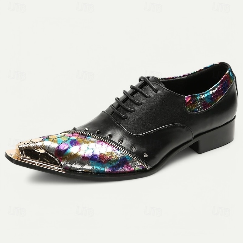 Men's Premium Black Leather Dress Shoes with Gold Tip Multicolor Snake-Pattern and Studded Detail–Stylish Formal Footwear for Special Occasions3