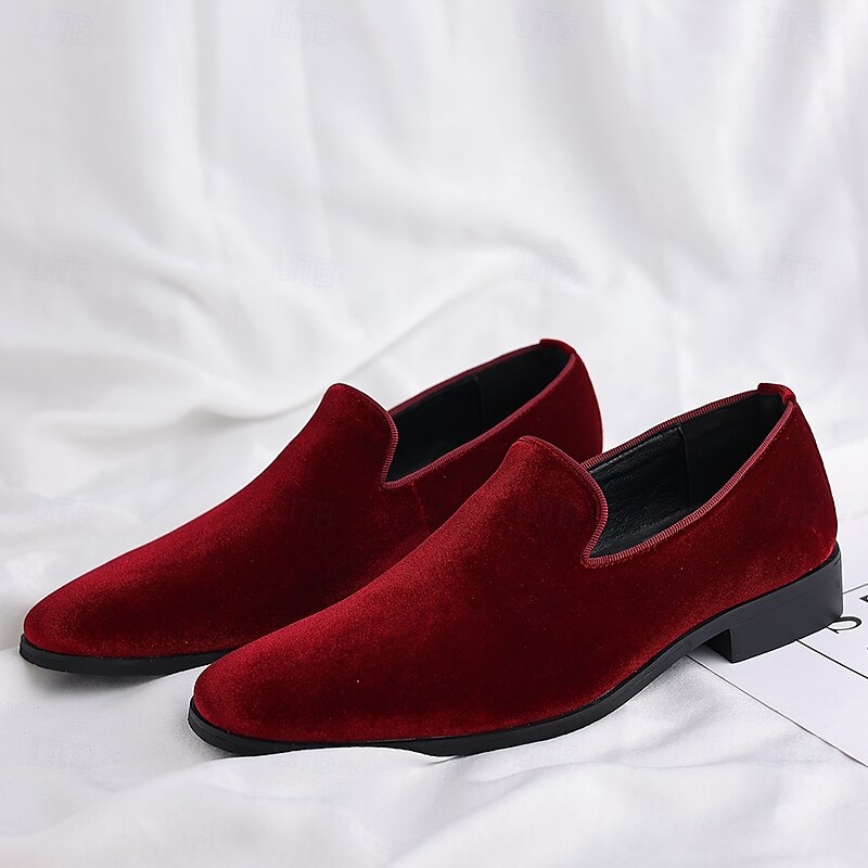 Men's Red Velvet Slip-On Dress Shoes, Elegant Formal Footwear for Weddings, Parties and Special Occasions2