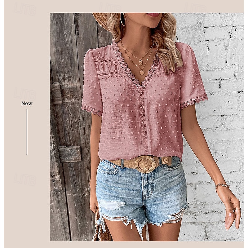 Women's Shirt Blouse Solid Color Stylish Casual Short Sleeve V Neck Regular Tops Work Daily Holiday Lace White Pink Summer Spring2