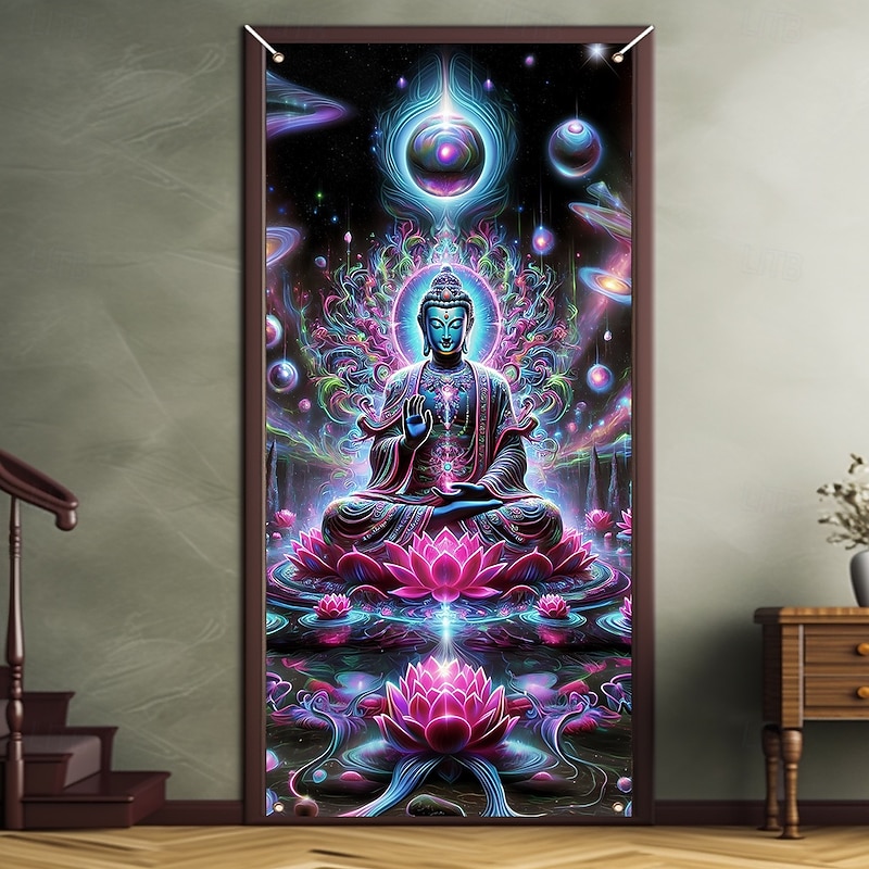 Blacklight Door Decorations Door Covers Glow in the Dark Mandala Bohemian Buddha Door Tapestry Door Curtain Decoration Backdrop Indoor/Outdoor Door Banner for Front Door Farmhouse