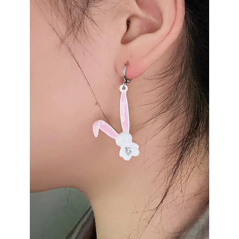 Women's Easter 3D Bunny Rabbit Earrings - Cute bunny design with pink ears and diamond accents, sterling silver hoop, fun and playful jewelry for Easter, casual wear and spring events3