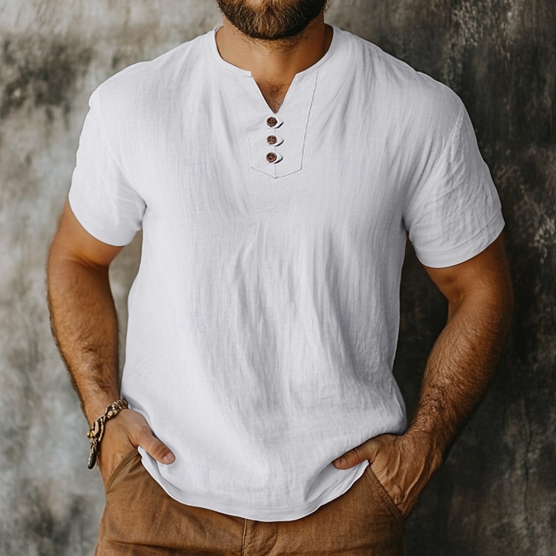 Men's Henley Shirt Cotton Linen T Shirt Tee Top Short Sleeve V Neck Summer Solid Color Fashion Designer Comfortable Buttons Outdoor Casual Daily Black White Navy Blue Top Tee for Men