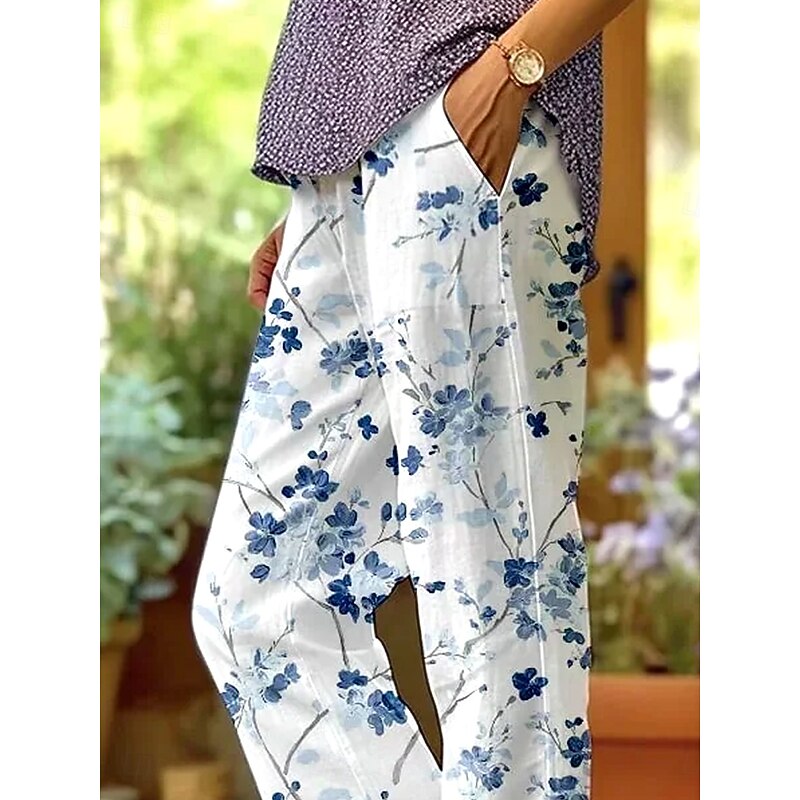 Women's Cotton Linen Pants Baggy Pants Linen Like Elegant Vintage Fashion Full Length High Waist Floral Leaf Printing Breathable Soft Micro-elastic Outdoor Daily Linen Like Sky Blue And White2