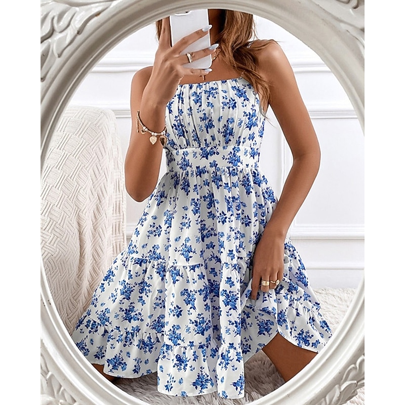 Women's Mini Dress Casual Dress Floral Dress Summer Dress Slip Dress Fashion Outdoor Holiday Date Regular Fit Ditsy Floral Sleeveless Spaghetti Strap Blue Summer Spring4