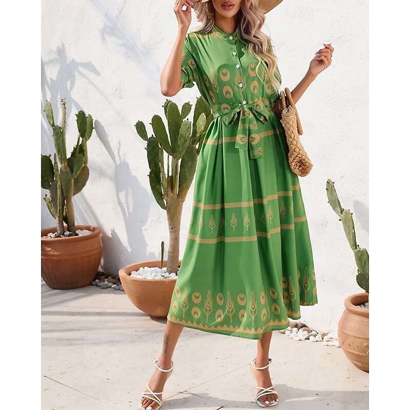 Women's Long Dress Maxi Dress Casual Dress Summer Dress Boho Dress Fashion Outdoor Holiday Date Regular Fit Painting 3/4 Length Sleeve Shirt Collar Black White Green Summer Spring2