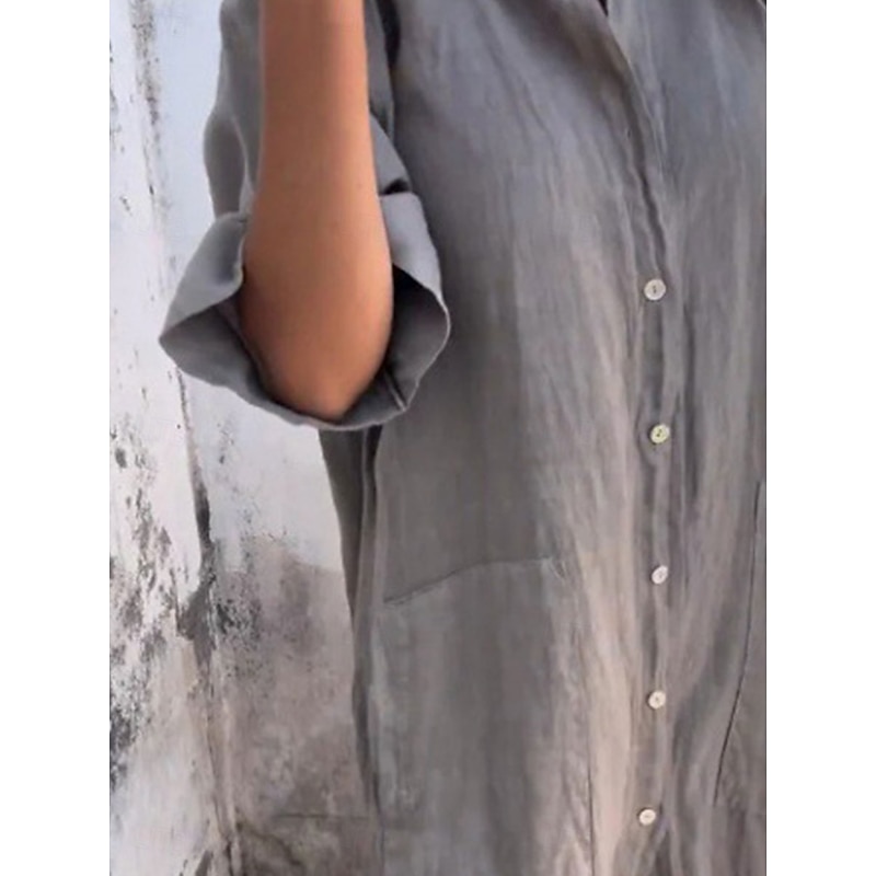 Women's Long Dress Maxi Dress Cotton Linen Dresses Shirt Dress Casual Dress Basic Casual Vacation Casual Daily Loose Fit Plain Half Sleeve Shirt Collar Blue Green Khaki Gray Summer Spring Fall4