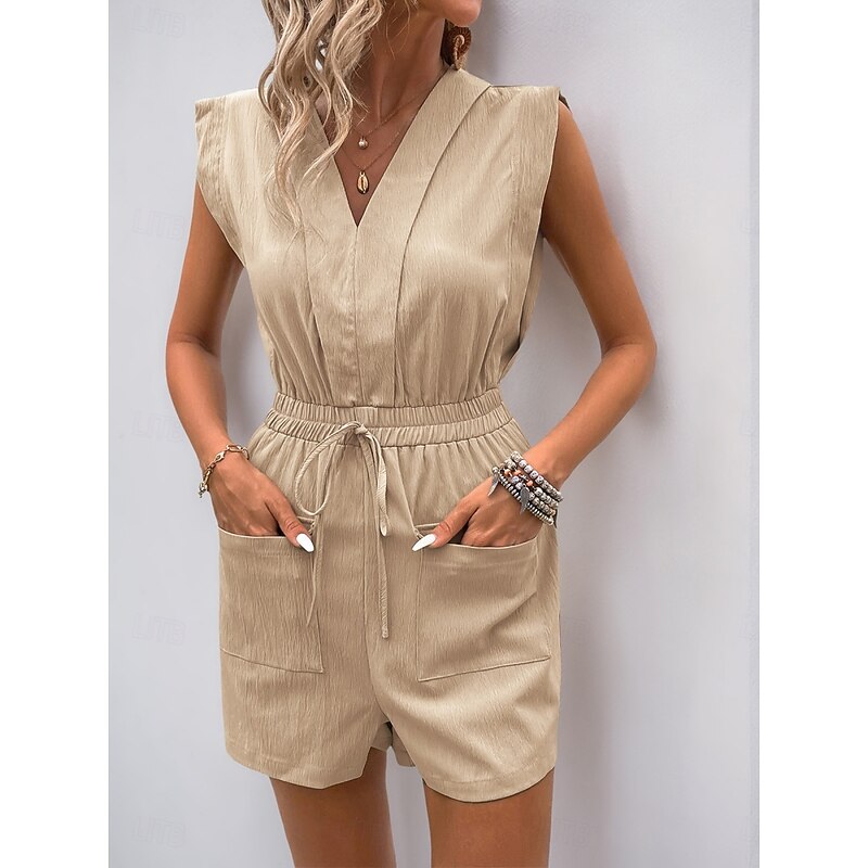 Women's Normal Romper Active Solid Color Sleeveless V Neck Pocket High Waist Vacation Daily Regular Fit Khaki Summer2