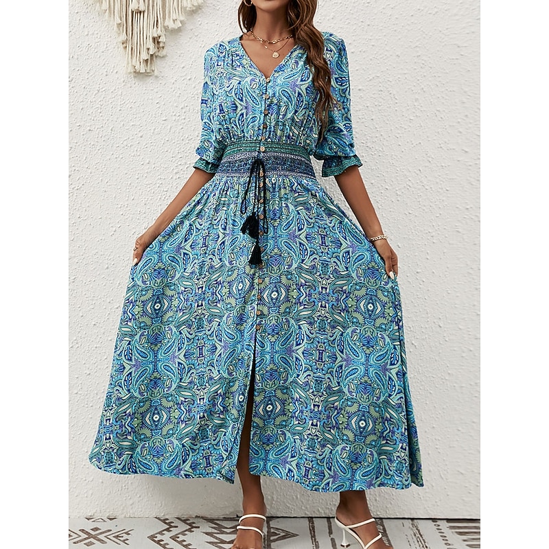Women's Maxi Dress Casual Dress Long Sleeve Boho Dress Boho Dress Bohemia Stylish Basic Vacation Casual Daily Regular Fit Graphic 3/4 Length Sleeve V Neck Maroon Blue Summer Spring Fall2