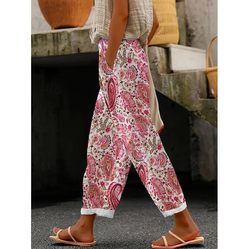 Women's Cotton Linen Pants Baggy Pants Linen Like Active Vintage Fashion Full Length High Waist Floral Graphic Animal Printing Thermal Warm Breathable Soft Micro-elastic Outdoor Daily Magenta