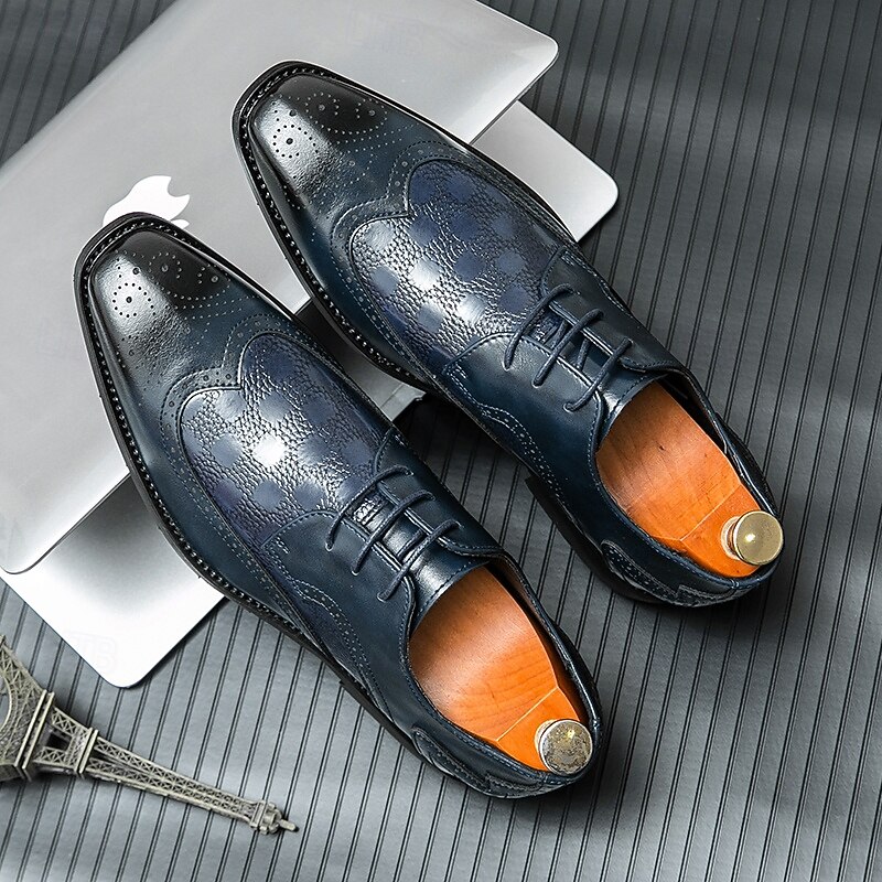 Men's Blue Derby Shoes - Faux Leather & Suede Brogue Design with Embossed Details, Stylish Casual & Formal Footwear for Men, Ideal for Office, Events & Everyday Wear3