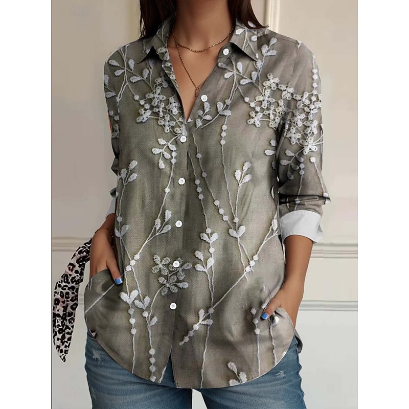 Women's Shirt Button Down Tunic Shirt Collar Long Sleeve Floral Elegant Vintage Daily Regular Tops Work Daily Linen Like s Print Sage Green Spring