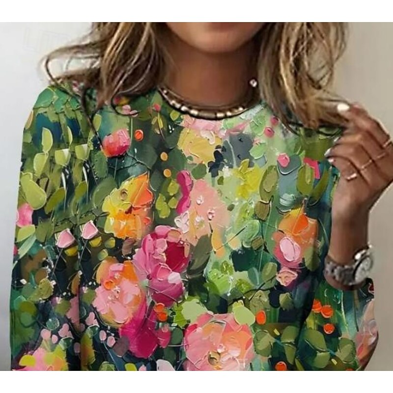 Women's T shirt Long Sleeve Crew Neck Long Sleeve Tunic Floral Elegant Vintage Regular Tops Daily Going out Weekend Print Army Green Prefall2