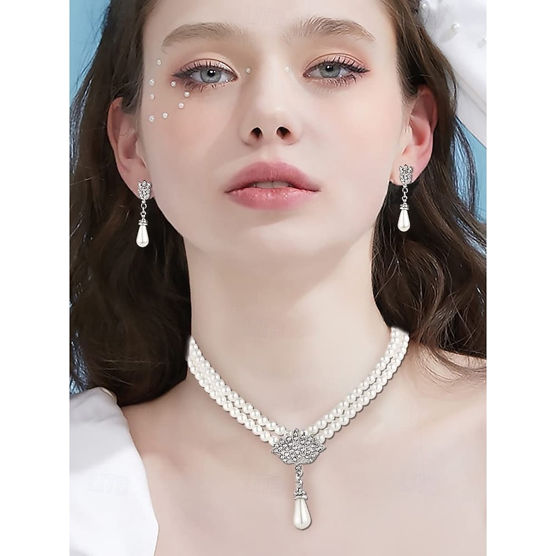 Elegant Pearl Bridal Jewelry Set – Double-Layer Necklace & Drop Earrings with Rhinestone Accents, Vintage Wedding Accessories for Women, Formal Evening & Party Jewelry4