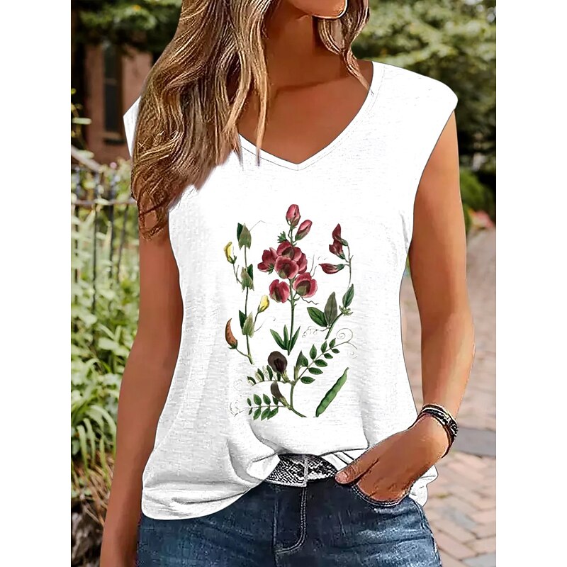 Women's Camisole Tank Top Floral Stylish Casual Short Sleeve V Neck Regular Tops Daily Print White Light Green Summer4