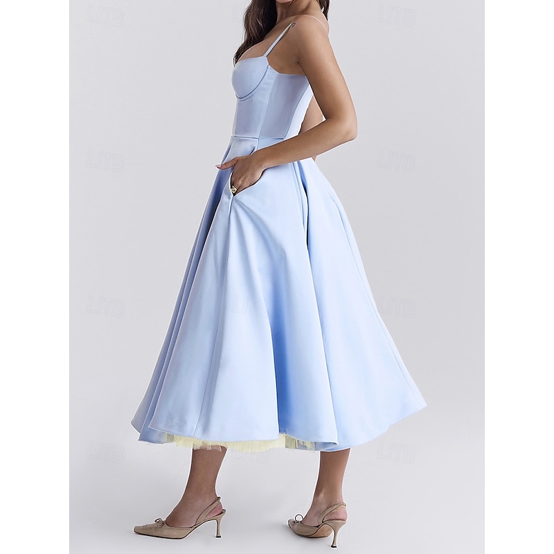 Retro Vintage 1950s Midi Dress Flare Dress Spaghetti Strap Corset Solid Color A-Line Fancy Dress Women's Masquerade Wedding Vacation Tea Party Adults' Dress3