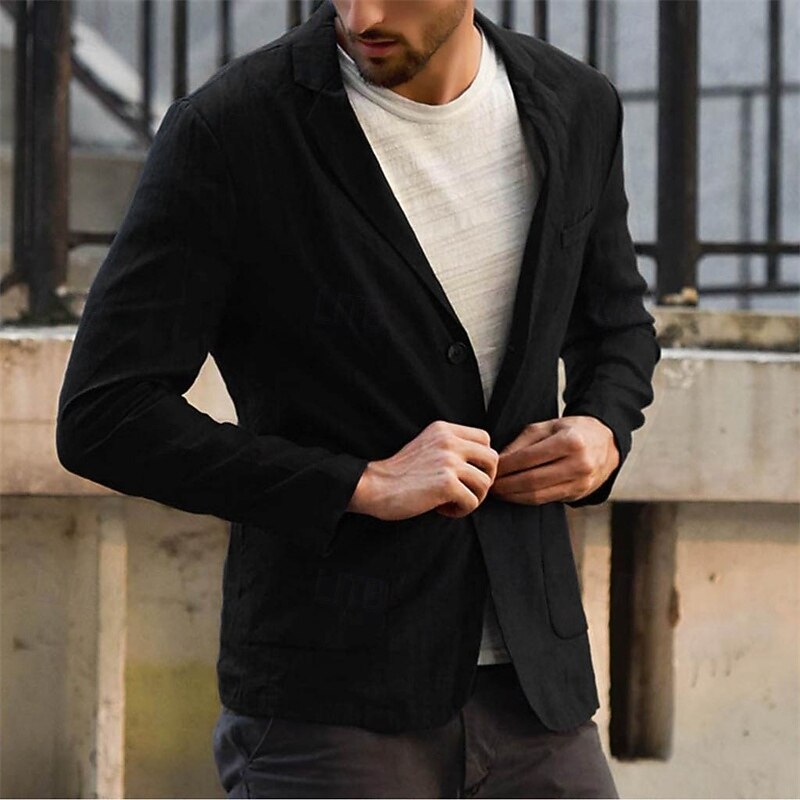 Men's Linen Blazer Blazer Business Cocktail Party Wedding Party Fashion Casual Spring Autumn / Fall Linen Cotton Blend Solid Color Pocket Buttons Comfortable Single Breasted One-button Blazer Black4