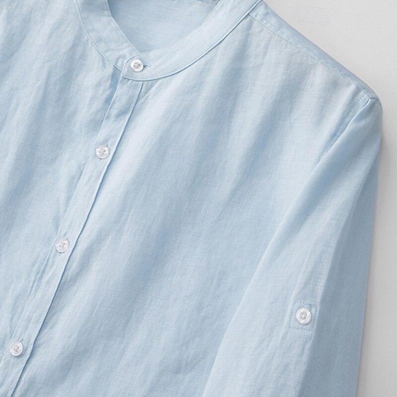 Men's 100% Linen Shirt White Light Grey Light Blue Long Sleeve Solid Color Standing Collar School Formal Buttons Clothing Apparel Elegant Vacation Vintage Neutral2