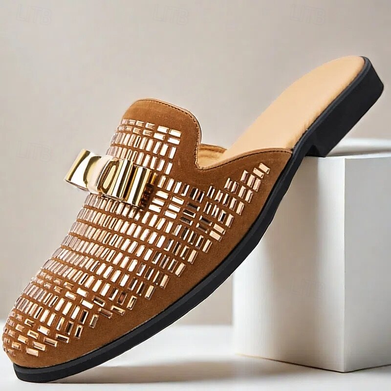 Men's Brown Suede Slip-On Mules with Metallic Gold Studded Design and Bow Accent – Stylish Casual Loafers for Everyday Wear and Special Occasions