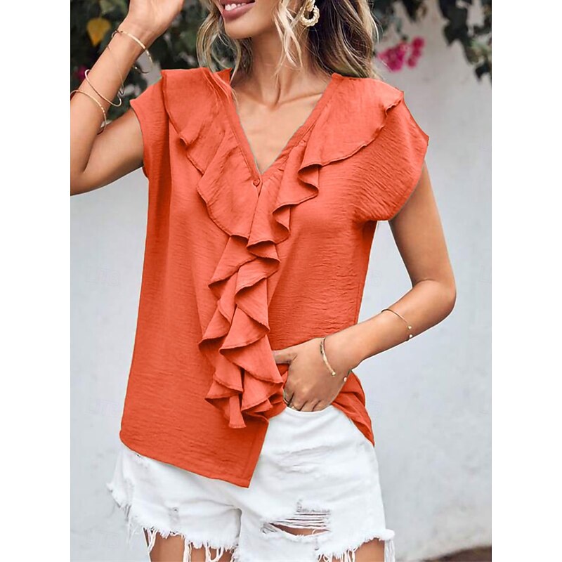 Women's Shirt Blouse Solid Color Elegant Daily Stylish Short Sleeve Batwing Sleeve V Neck Regular Tops Work Daily Evening Party Buttons Orange Green Beige Summer Spring3