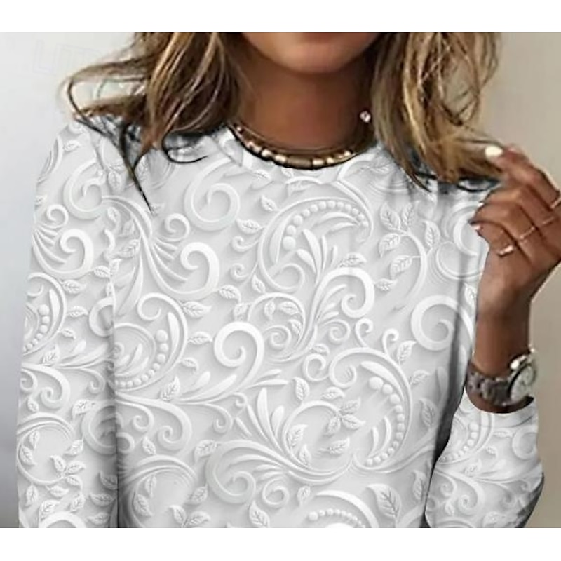 Women's T shirt Long Sleeve Crew Neck Long Sleeve Tunic 3D Print Floral Elegant Vintage Regular Tops Daily Going out Weekend Print Pearl Prefall2
