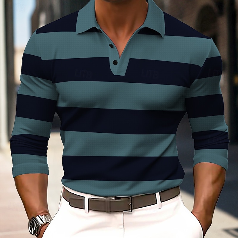 Men's Striped Rugby Polo Long Sleeve Polo Shirts Collared Shirts Sportswear Casual School Outdoor Office Daily Wear Buttons Spring Fall Winter White Blue Brown3
