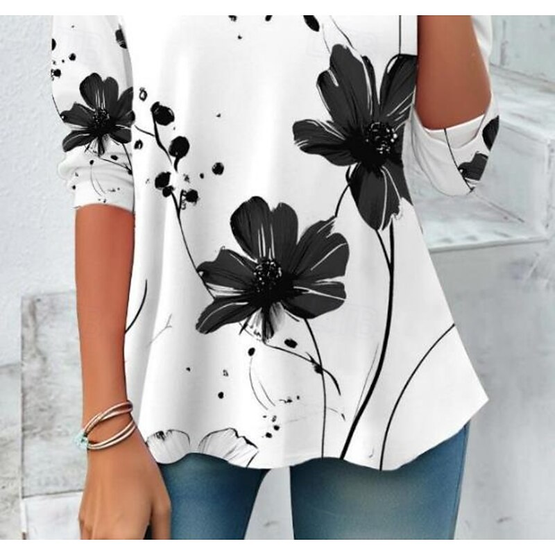 Women's T shirt Long Sleeve Crew Neck Long Sleeve Tunic Floral Graphic Casual Regular Tops Daily Print Black and White Spring Fall Prefall3