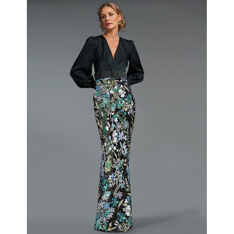 Embroidered Floral Sheath / Column Evening Gown Elegant Dress Formal Wedding Floor Length Long Sleeve V Neck Stretch Satin with Slit Appliques