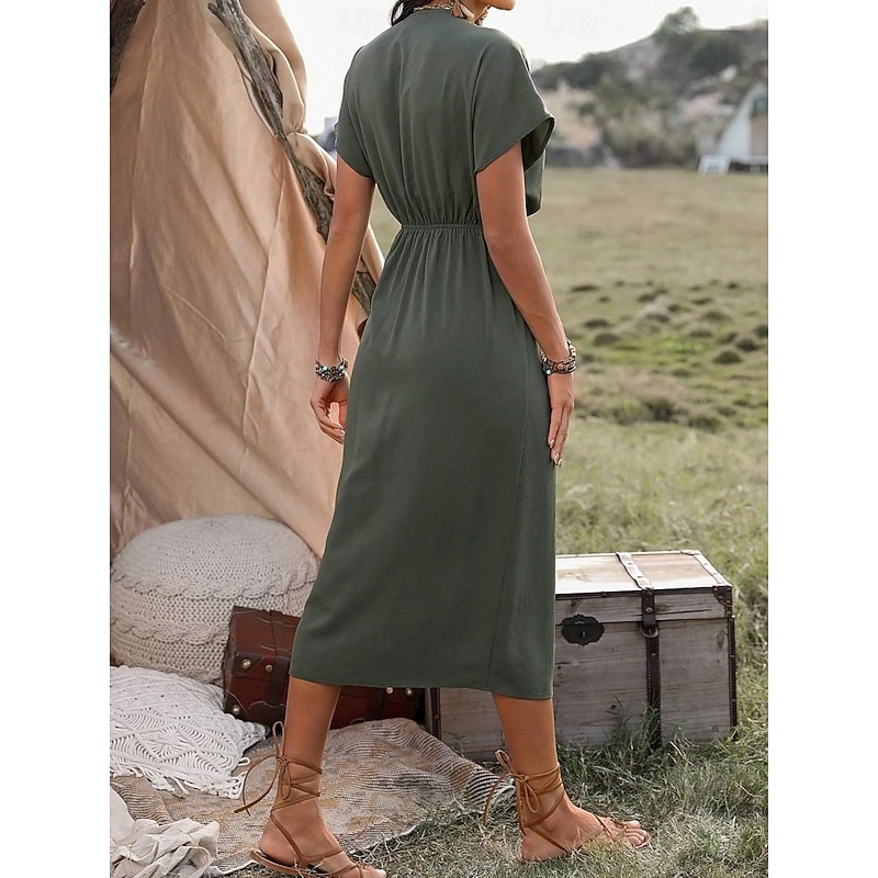 Women's Midi Dress Casual Dress Wrap Dress A Line Dress Basic Casual Vacation Daily Regular Fit Plain Short Sleeve V Neck Blue Brown Green Summer3