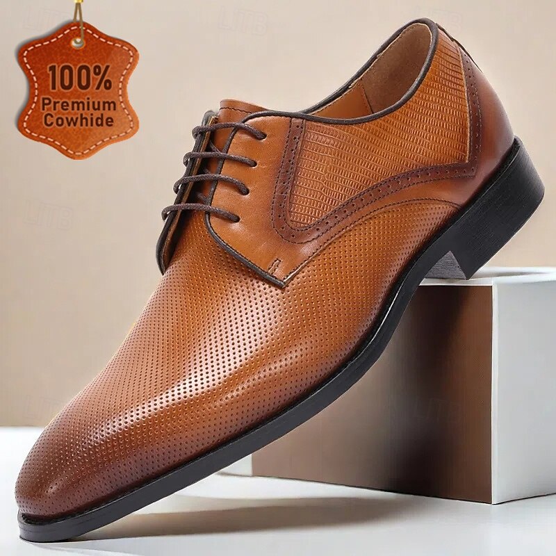 Men's Brown Perforated Leather Oxford Shoes with Lace-Up Design – Premium Cowhide for Formal and Business Occasions